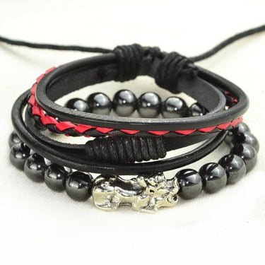 2 pc Multi-Layer Feng Shui WEALTH PIXIU, Leather & Hematite Men's Bracelet Set